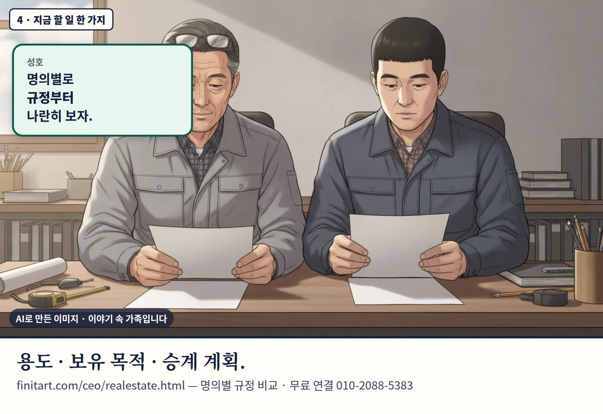 4컷 카툰 4컷(4 · 지금 할 일 한 가지, AI로 만든 이미지, 이야기 속 가족): 성호: 명의별로 규정부터 나란히 보자. 용도 · 보유 목적 · 승계 계획. finitart.com/ceo/realestate.html — 명의별 규정 비교 · 무료 연결 010-2088-5383