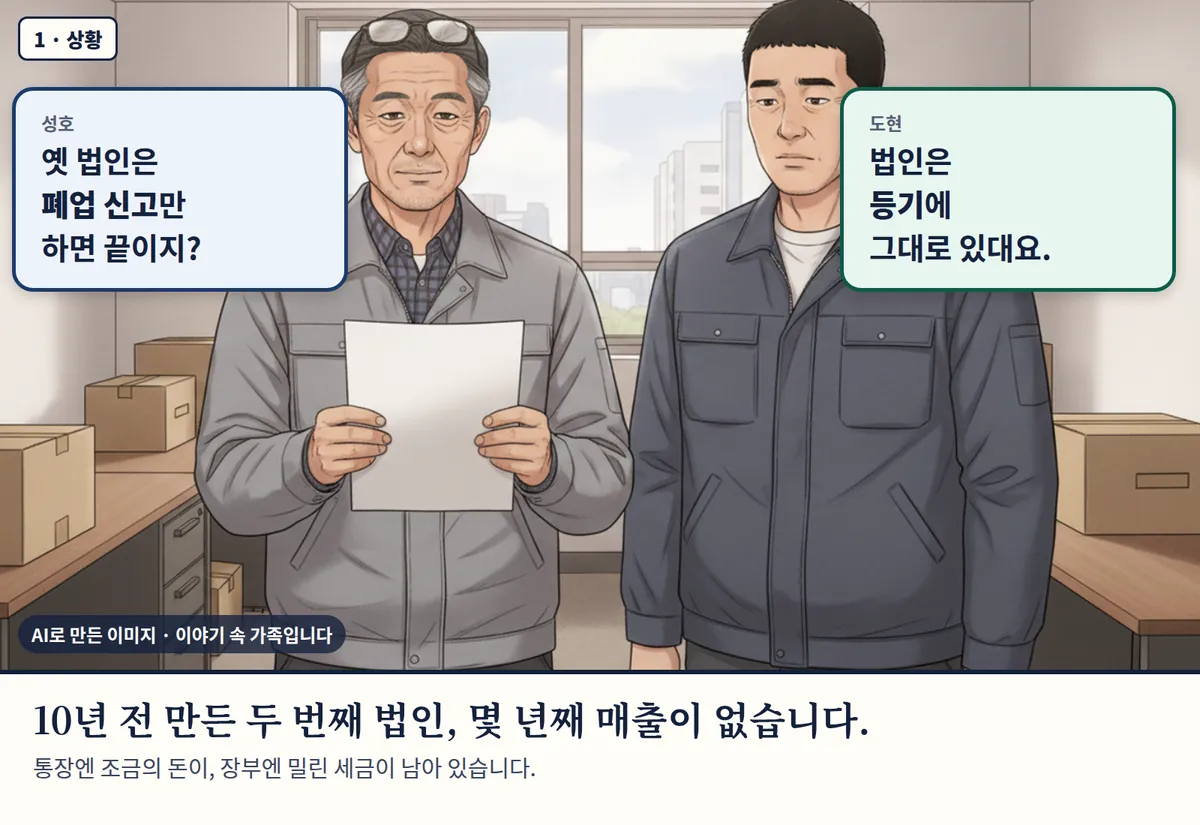 4컷 카툰 1컷(1 · 상황, AI로 만든 이미지, 이야기 속 가족): 성호: 옛 법인은 폐업 신고만 하면 끝이지? / 도현: 법인은 등기에 그대로 있대요. 10년 전 만든 두 번째 법인, 몇 년째 매출이 없습니다. 통장엔 조금의 돈이, 장부엔 밀린 세금이 남아 있습니다.