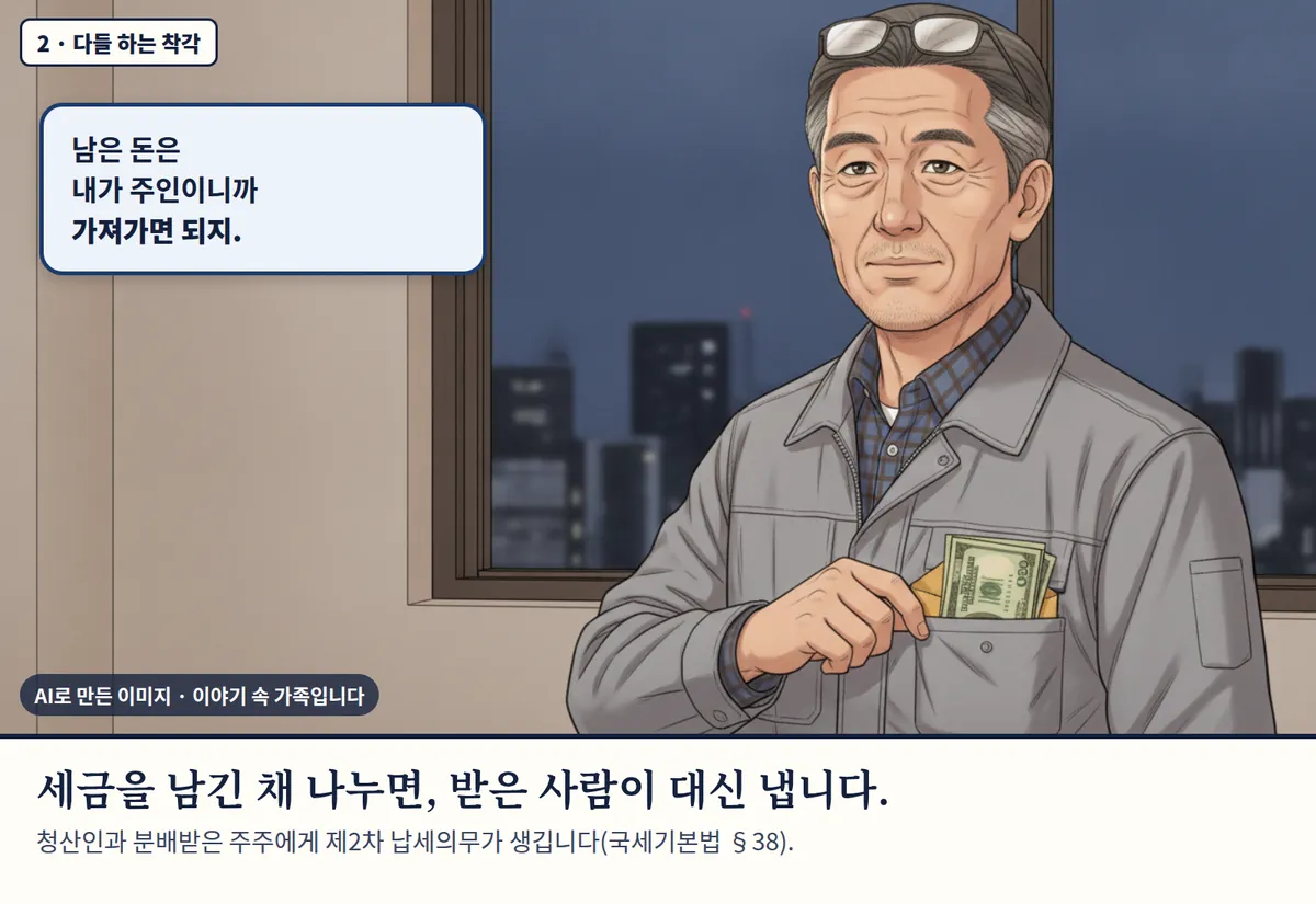 4컷 카툰 2컷(2 · 다들 하는 착각, AI로 만든 이미지, 이야기 속 가족): 남은 돈은 내가 주인이니까 가져가면 되지. 세금을 남긴 채 나누면, 받은 사람이 대신 냅니다. 청산인과 분배받은 주주에게 제2차 납세의무가 생깁니다(국세기본법 §38).