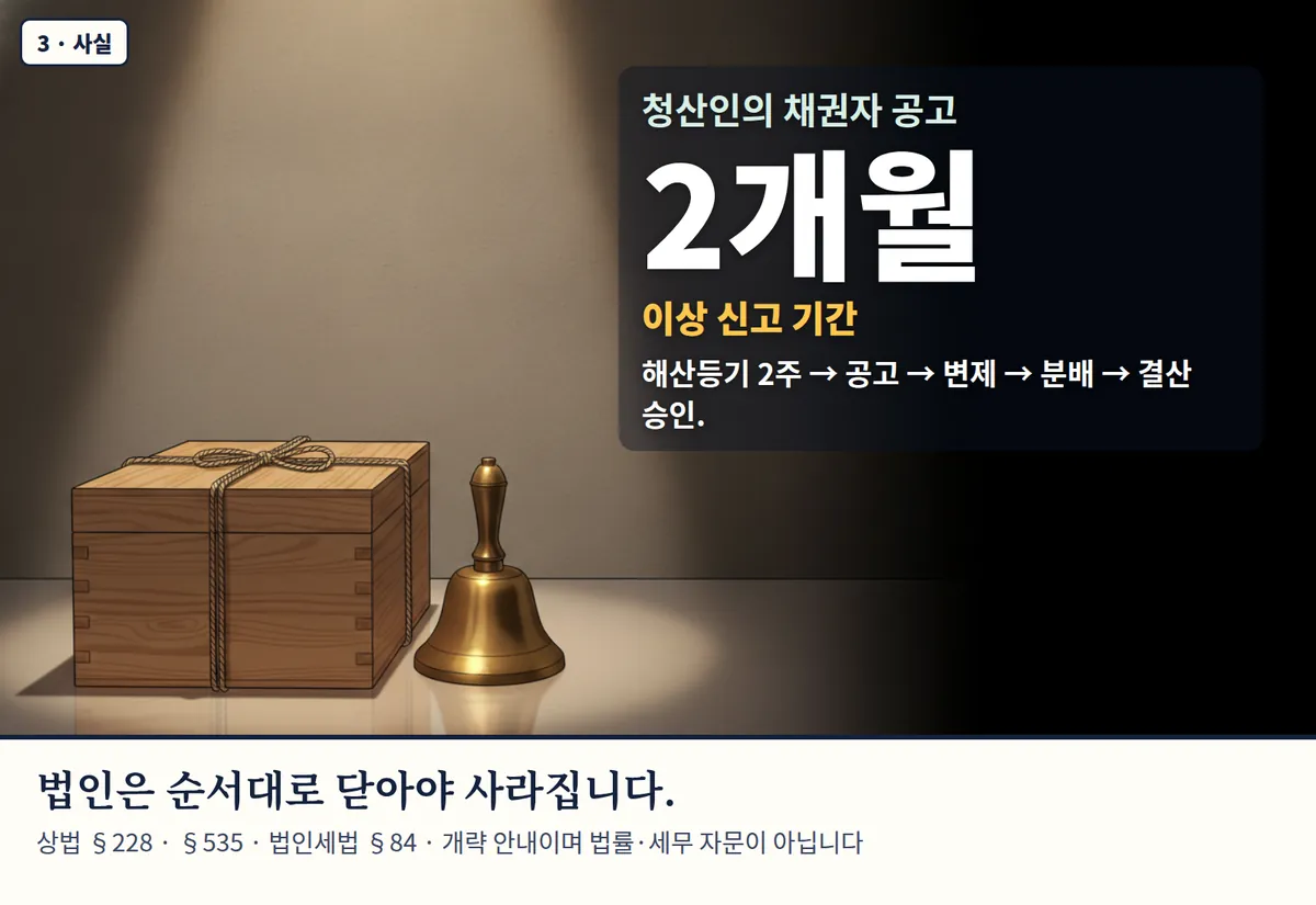 4컷 카툰 3컷(3 · 사실, AI로 만든 이미지, 이야기 속 가족): 청산인의 채권자 공고 2개월 — 이상 신고 기간. 해산등기 2주 → 공고 → 변제 → 분배 → 결산 승인. 법인은 순서대로 닫아야 사라집니다. 상법 §228 · §535 · 법인세법 §84 · 개략 안내이며 법률·세무 자문이 아닙니다