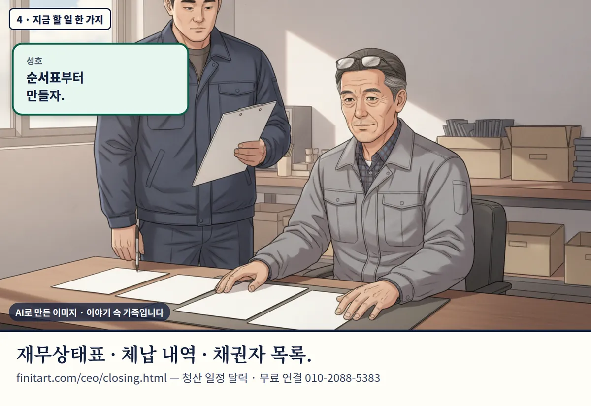 4컷 카툰 4컷(4 · 지금 할 일 한 가지, AI로 만든 이미지, 이야기 속 가족): 성호: 순서표부터 만들자. 재무상태표 · 체납 내역 · 채권자 목록. finitart.com/ceo/closing.html — 청산 일정 달력 · 무료 연결 010-2088-5383