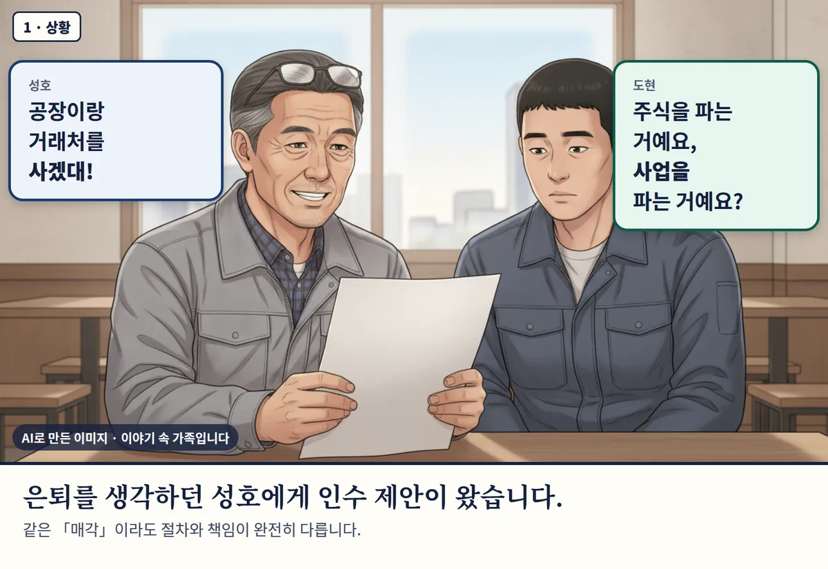 4컷 카툰 1컷(1 · 상황, AI로 만든 이미지, 이야기 속 가족): 성호: 공장이랑 거래처를 사겠대! / 도현: 주식을 파는 거예요, 사업을 파는 거예요? 은퇴를 생각하던 성호에게 인수 제안이 왔습니다. 같은 「매각」이라도 절차와 책임이 완전히 다릅니다.
