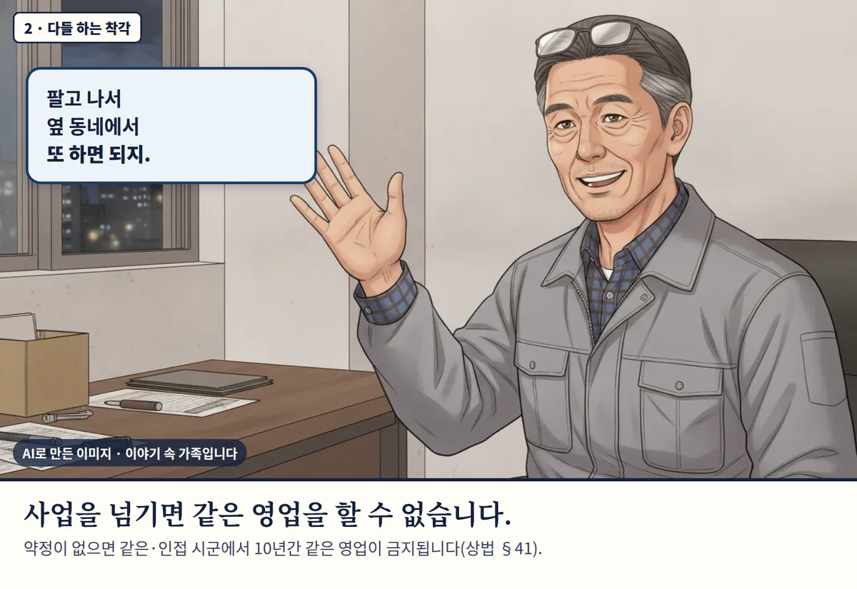 4컷 카툰 2컷(2 · 다들 하는 착각, AI로 만든 이미지, 이야기 속 가족): 팔고 나서 옆 동네에서 또 하면 되지. 사업을 넘기면 같은 영업을 할 수 없습니다. 약정이 없으면 같은·인접 시군에서 10년간 같은 영업이 금지됩니다(상법 §41).