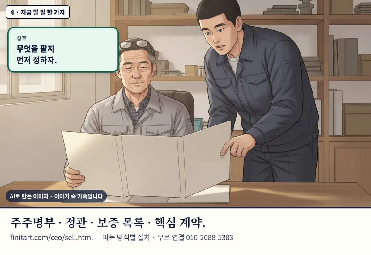 4컷 카툰 4컷(4 · 지금 할 일 한 가지, AI로 만든 이미지, 이야기 속 가족): 성호: 무엇을 팔지 먼저 정하자. 주주명부 · 정관 · 보증 목록 · 핵심 계약. finitart.com/ceo/sell.html — 파는 방식별 절차 · 무료 연결 010-2088-5383