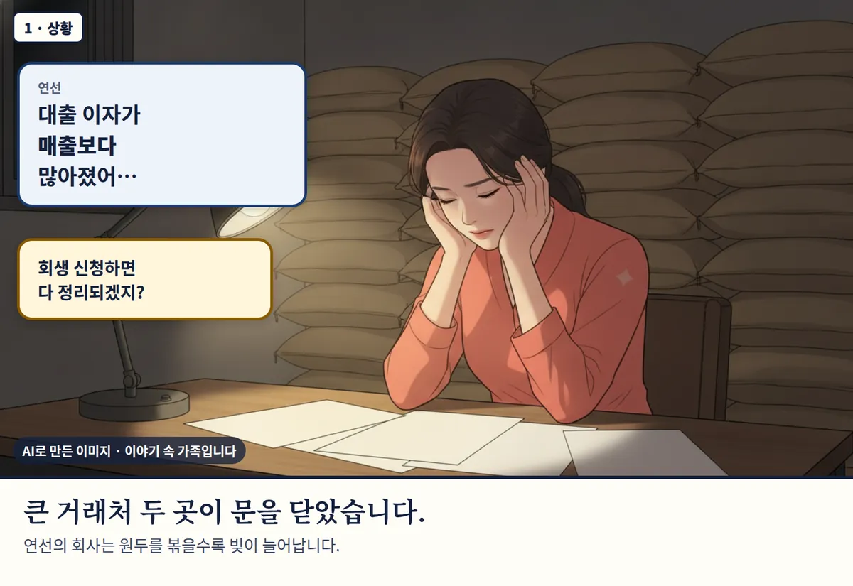 4컷 카툰 1컷(1 · 상황, AI로 만든 이미지, 이야기 속 가족): 연선: 대출 이자가 매출보다 많아졌어… / 회생 신청하면 다 정리되겠지? 큰 거래처 두 곳이 문을 닫았습니다. 연선의 회사는 원두를 볶을수록 빚이 늘어납니다.