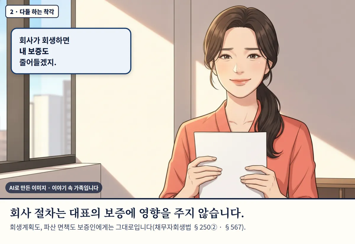 4컷 카툰 2컷(2 · 다들 하는 착각, AI로 만든 이미지, 이야기 속 가족): 회사가 회생하면 내 보증도 줄어들겠지. 회사 절차는 대표의 보증에 영향을 주지 않습니다. 회생계획도, 파산 면책도 보증인에게는 그대로입니다(채무자회생법 §250② · §567).
