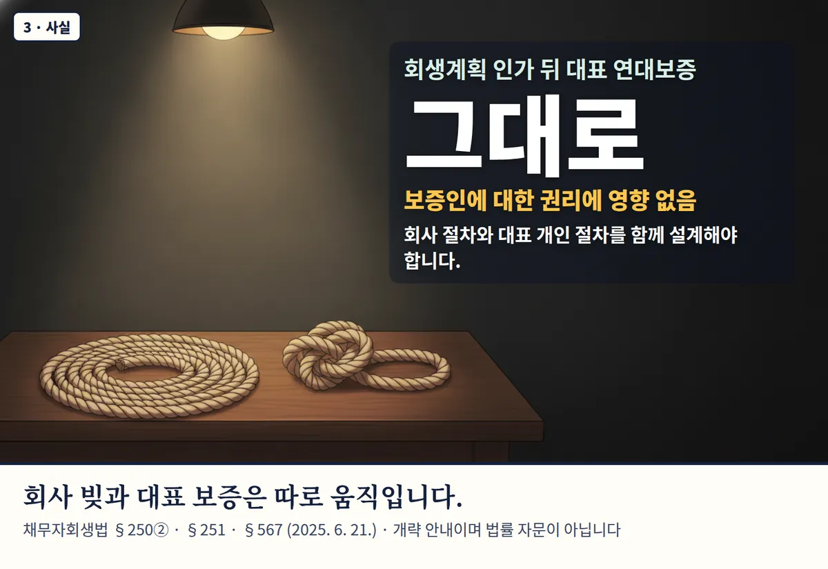 4컷 카툰 3컷(3 · 사실, AI로 만든 이미지, 이야기 속 가족): 회생계획 인가 뒤 대표 연대보증 그대로 — 보증인에 대한 권리에 영향 없음. 회사 절차와 대표 개인 절차를 함께 설계해야 합니다. 회사 빚과 대표 보증은 따로 움직입니다. 채무자회생법 §250② · §251 · §567 (2025. 6. 21.) · 개략 안내이며 법률 자문이 아닙니다
