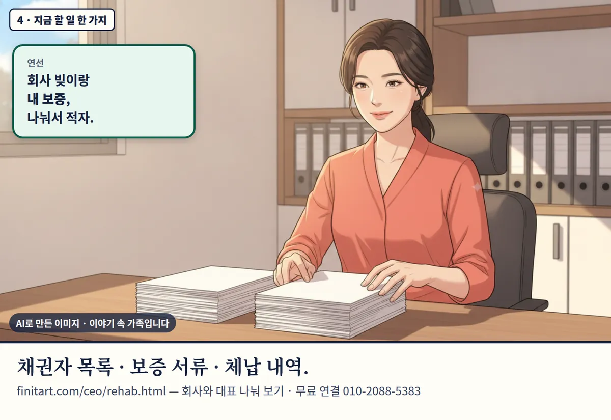 4컷 카툰 4컷(4 · 지금 할 일 한 가지, AI로 만든 이미지, 이야기 속 가족): 연선: 회사 빚이랑 내 보증, 나눠서 적자. 채권자 목록 · 보증 서류 · 체납 내역. finitart.com/ceo/rehab.html — 회사와 대표 나눠 보기 · 무료 연결 010-2088-5383