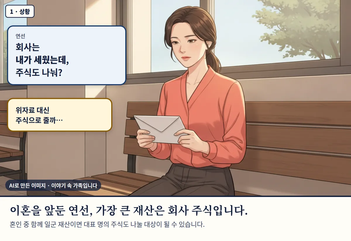 4컷 카툰 1컷(1 · 상황, AI로 만든 이미지, 이야기 속 가족): 연선: 회사는 내가 세웠는데, 주식도 나눠? / 위자료 대신 주식으로 줄까… 이혼을 앞둔 연선, 가장 큰 재산은 회사 주식입니다. 혼인 중 함께 일군 재산이면 대표 명의 주식도 나눌 대상이 될 수 있습니다.