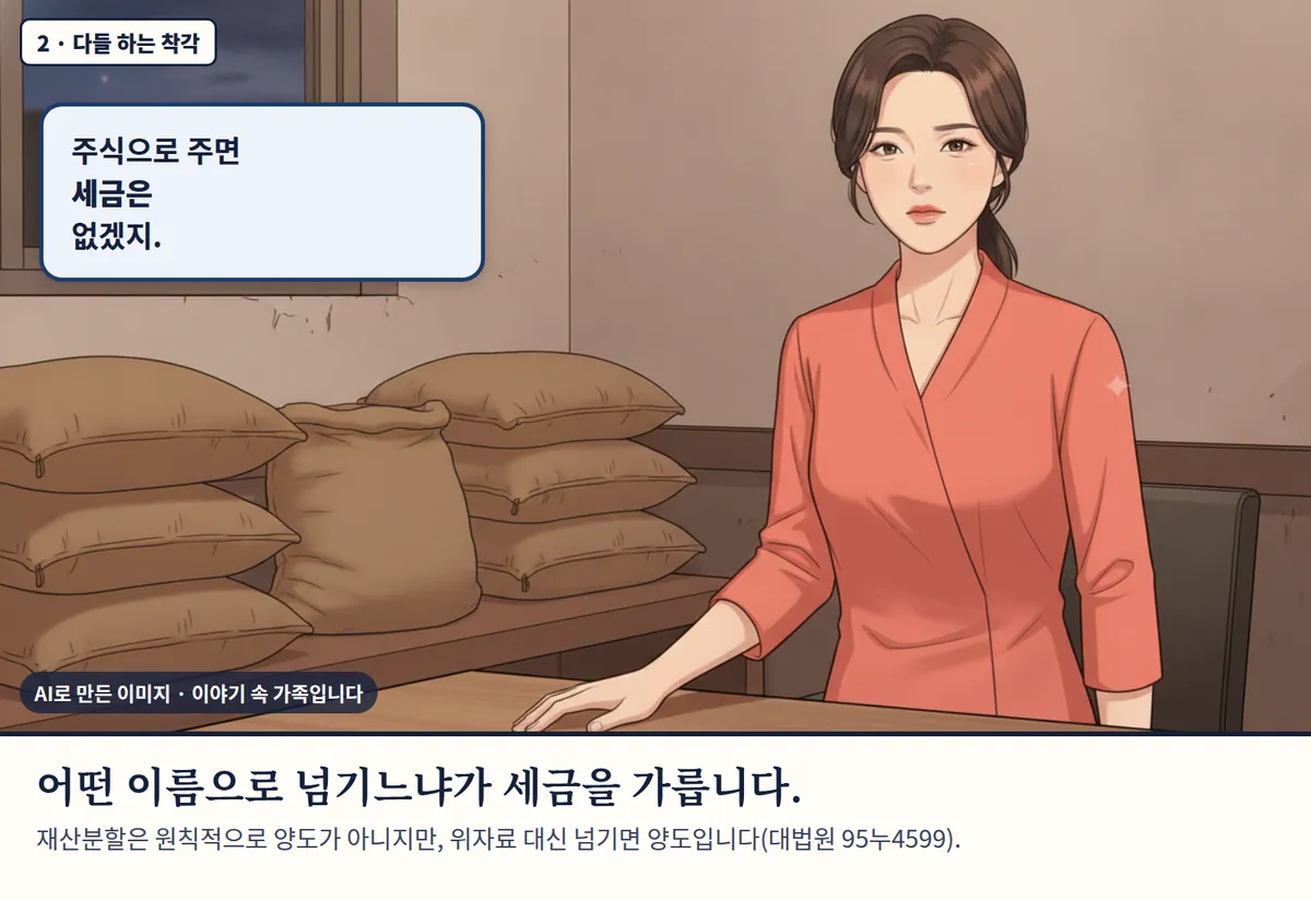 4컷 카툰 2컷(2 · 다들 하는 착각, AI로 만든 이미지, 이야기 속 가족): 주식으로 주면 세금은 없겠지. 어떤 이름으로 넘기느냐가 세금을 가릅니다. 재산분할은 원칙적으로 양도가 아니지만, 위자료 대신 넘기면 양도입니다(대법원 95누4599).