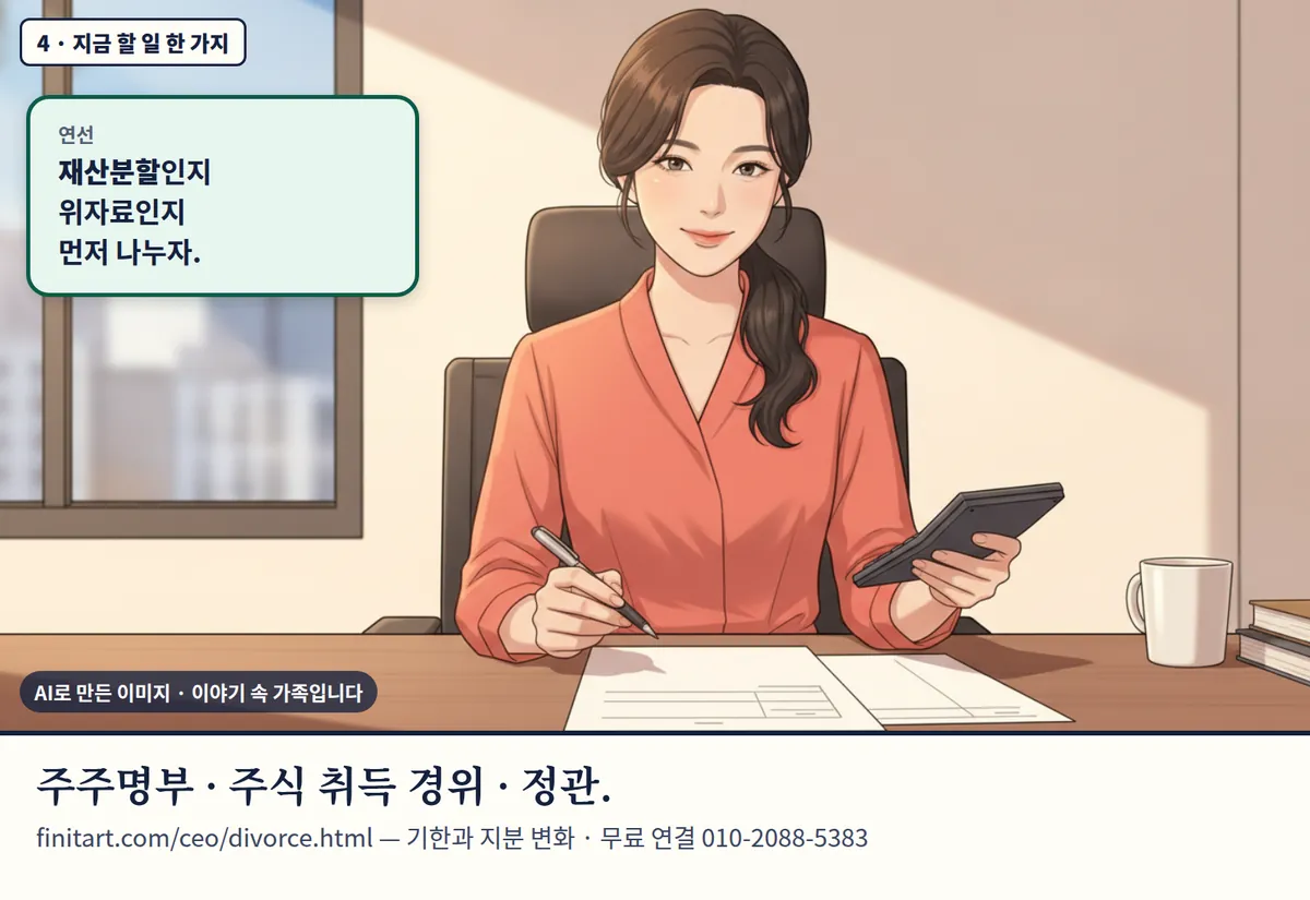 4컷 카툰 4컷(4 · 지금 할 일 한 가지, AI로 만든 이미지, 이야기 속 가족): 연선: 재산분할인지 위자료인지 먼저 나누자. 주주명부 · 주식 취득 경위 · 정관. finitart.com/ceo/divorce.html — 기한과 지분 변화 · 무료 연결 010-2088-5383