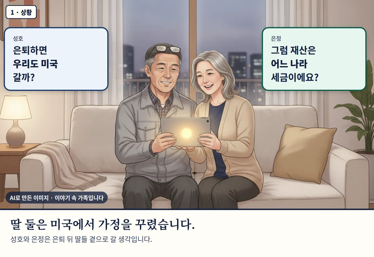 4컷 카툰 1컷(1 · 상황, AI로 만든 이미지, 이야기 속 가족): 성호: 은퇴하면 우리도 미국 갈까? / 은정: 그럼 재산은 어느 나라 세금이에요? 딸 둘은 미국에서 가정을 꾸렸습니다. 성호와 은정은 은퇴 뒤 딸들 곁으로 갈 생각입니다.