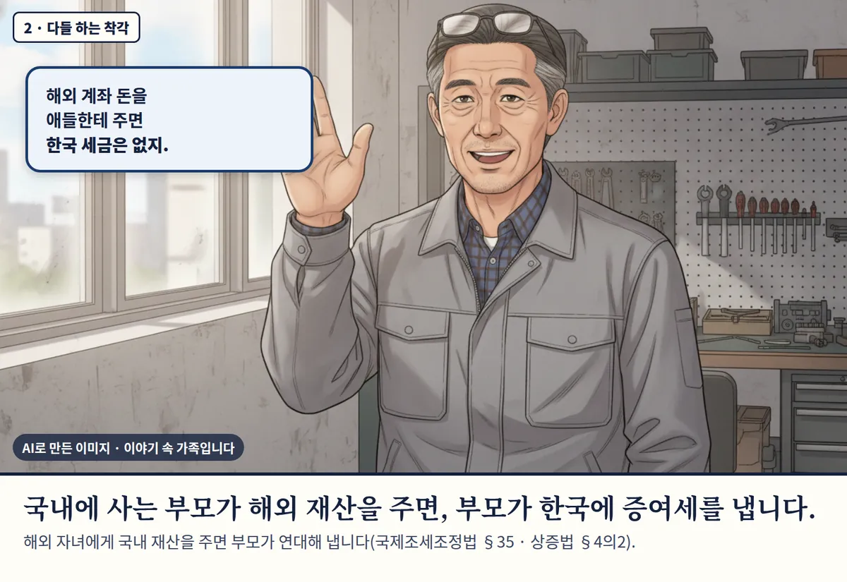 4컷 카툰 2컷(2 · 다들 하는 착각, AI로 만든 이미지, 이야기 속 가족): 해외 계좌 돈을 애들한테 주면 한국 세금은 없지. 국내에 사는 부모가 해외 재산을 주면, 부모가 한국에 증여세를 냅니다. 해외 자녀에게 국내 재산을 주면 부모가 연대해 냅니다(국제조세조정법 §35 · 상증법 §4의2).