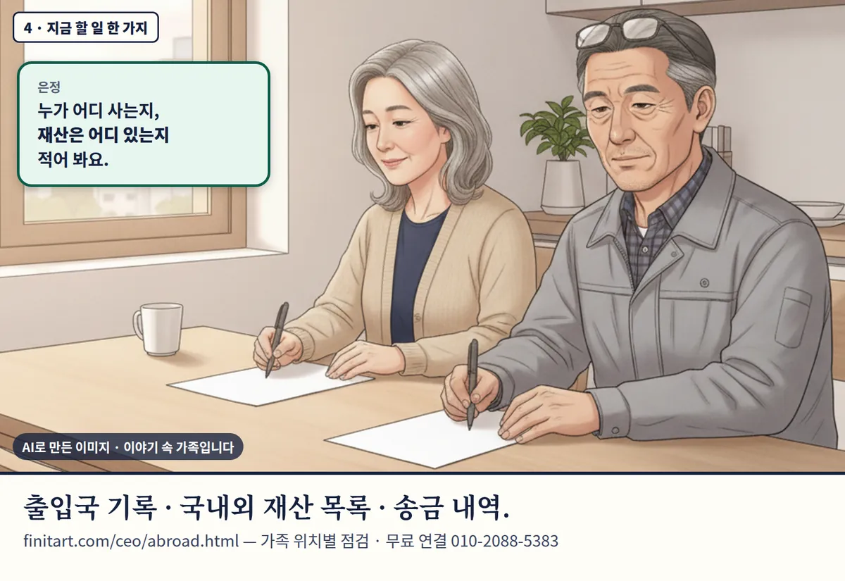 4컷 카툰 4컷(4 · 지금 할 일 한 가지, AI로 만든 이미지, 이야기 속 가족): 은정: 누가 어디 사는지, 재산은 어디 있는지 적어 봐요. 출입국 기록 · 국내외 재산 목록 · 송금 내역. finitart.com/ceo/abroad.html — 가족 위치별 점검 · 무료 연결 010-2088-5383