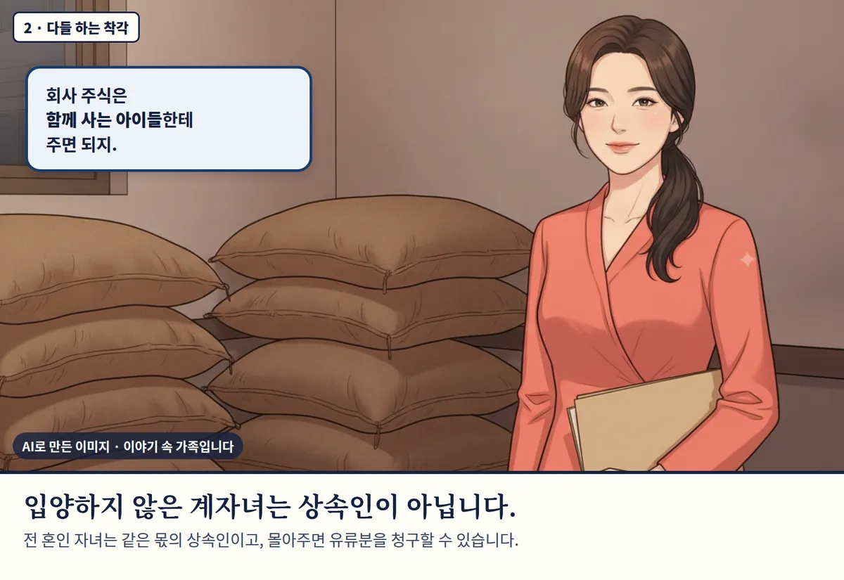 4컷 카툰 2컷(2 · 다들 하는 착각, AI로 만든 이미지, 이야기 속 가족): 회사 주식은 함께 사는 아이들한테 주면 되지. 입양하지 않은 계자녀는 상속인이 아닙니다. 전 혼인 자녀는 같은 몫의 상속인이고, 몰아주면 유류분을 청구할 수 있습니다.