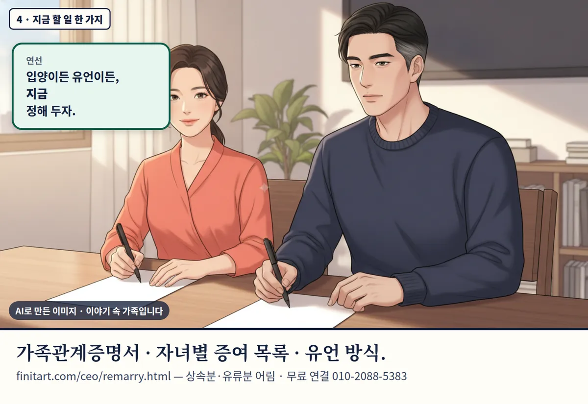 4컷 카툰 4컷(4 · 지금 할 일 한 가지, AI로 만든 이미지, 이야기 속 가족): 연선: 입양이든 유언이든, 지금 정해 두자. 가족관계증명서 · 자녀별 증여 목록 · 유언 방식. finitart.com/ceo/remarry.html — 상속분·유류분 어림 · 무료 연결 010-2088-5383