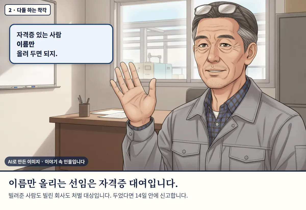 4컷 카툰 2컷(2 · 다들 하는 착각, AI로 만든 이미지, 이야기 속 인물): 자격증 있는 사람 이름만 올려 두면 되지. 이름만 올리는 선임은 자격증 대여입니다. 빌려준 사람도 빌린 회사도 처벌 대상입니다. 두었다면 14일 안에 신고합니다.