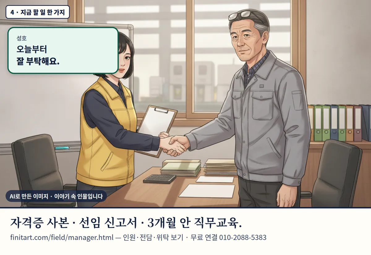 4컷 카툰 4컷(4 · 지금 할 일 한 가지, AI로 만든 이미지, 이야기 속 인물): 성호: 오늘부터 잘 부탁해요. 자격증 사본 · 선임 신고서 · 3개월 안 직무교육. finitart.com/field/manager.html — 인원·전담·위탁 보기 · 무료 연결 010-2088-5383