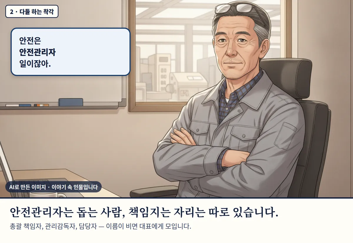 4컷 카툰 2컷(2 · 다들 하는 착각, AI로 만든 이미지, 이야기 속 인물): 안전은 안전관리자 일이잖아. 안전관리자는 돕는 사람, 책임지는 자리는 따로 있습니다. 총괄 책임자, 관리감독자, 담당자 — 이름이 비면 대표에게 모입니다.
