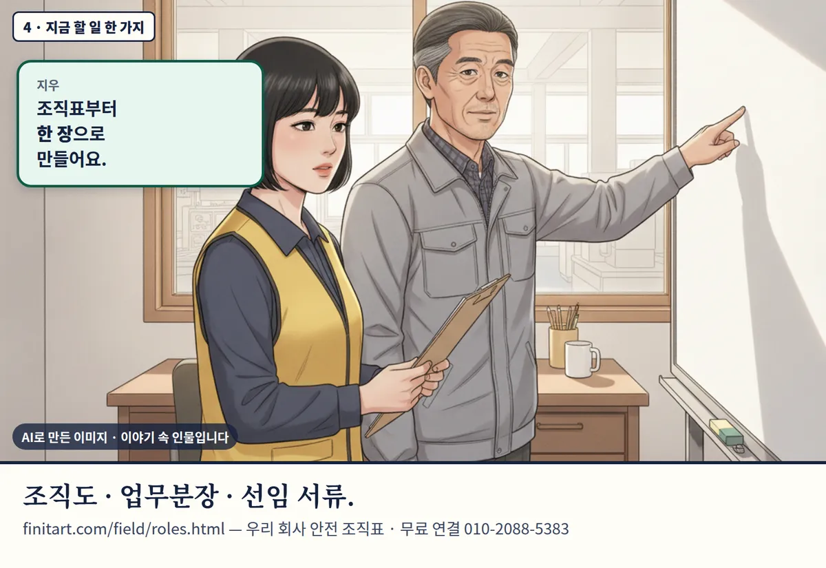 4컷 카툰 4컷(4 · 지금 할 일 한 가지, AI로 만든 이미지, 이야기 속 인물): 지우: 조직표부터 한 장으로 만들어요. 조직도 · 업무분장 · 선임 서류. finitart.com/field/roles.html — 우리 회사 안전 조직표 · 무료 연결 010-2088-5383