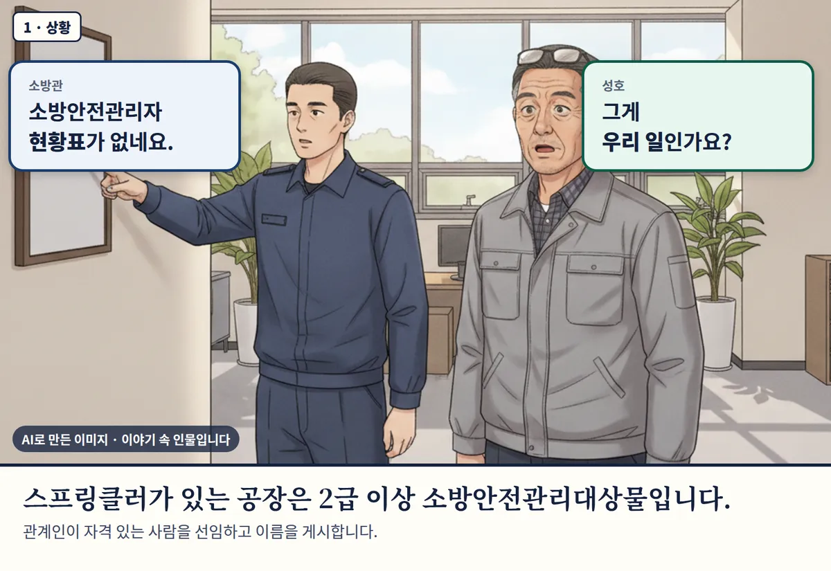 4컷 카툰 1컷(1 · 상황, AI로 만든 이미지, 이야기 속 인물): 소방관: 소방안전관리자 현황표가 없네요. / 성호: 그게 우리 일인가요? 스프링클러가 있는 공장은 2급 이상 소방안전관리대상물입니다. 관계인이 자격 있는 사람을 선임하고 이름을 게시합니다.