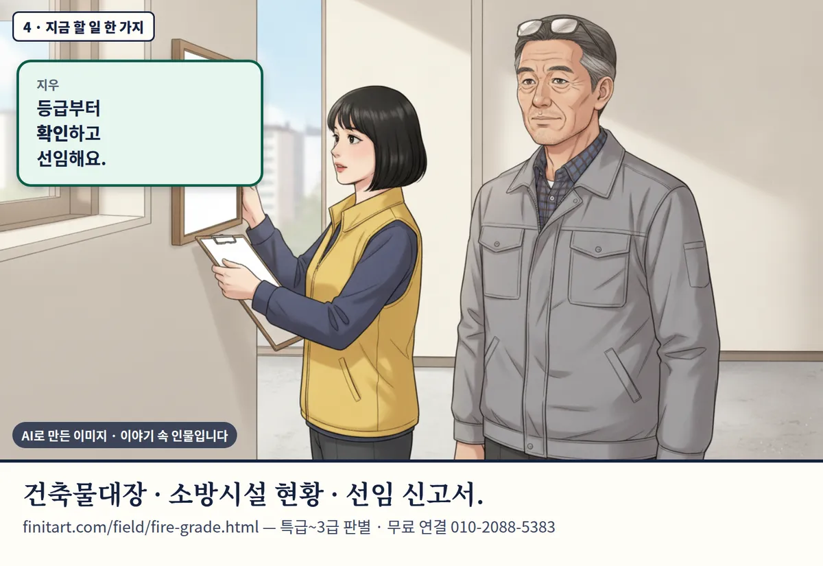 4컷 카툰 4컷(4 · 지금 할 일 한 가지, AI로 만든 이미지, 이야기 속 인물): 지우: 등급부터 확인하고 선임해요. 건축물대장 · 소방시설 현황 · 선임 신고서. finitart.com/field/fire-grade.html — 특급~3급 판별 · 무료 연결 010-2088-5383