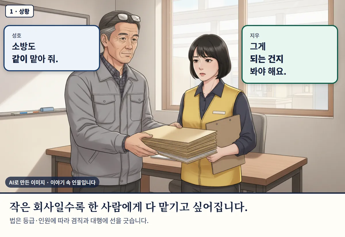 4컷 카툰 1컷(1 · 상황, AI로 만든 이미지, 이야기 속 인물): 성호: 소방도 같이 맡아 줘. / 지우: 그게 되는 건지 봐야 해요. 작은 회사일수록 한 사람에게 다 맡기고 싶어집니다. 법은 등급·인원에 따라 겸직과 대행에 선을 긋습니다.