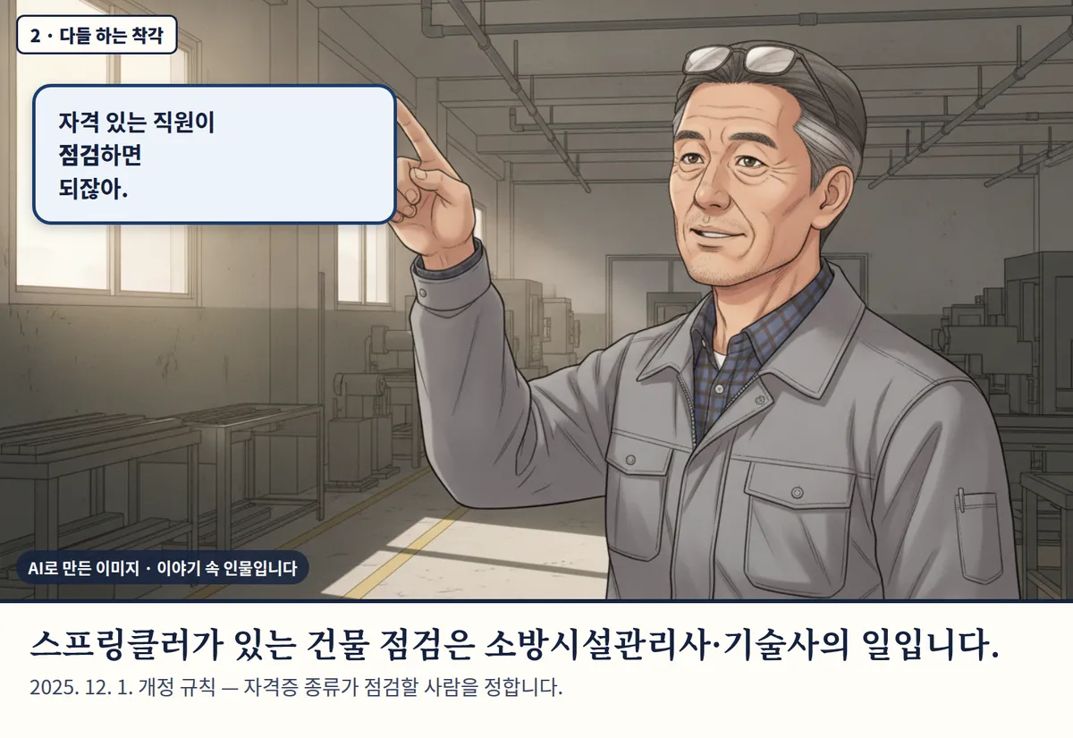 4컷 카툰 2컷(2 · 다들 하는 착각, AI로 만든 이미지, 이야기 속 인물): 자격 있는 직원이 점검하면 되잖아. 스프링클러가 있는 건물 점검은 소방시설관리사·기술사의 일입니다. 2025. 12. 1. 개정 규칙 — 자격증 종류가 점검할 사람을 정합니다.