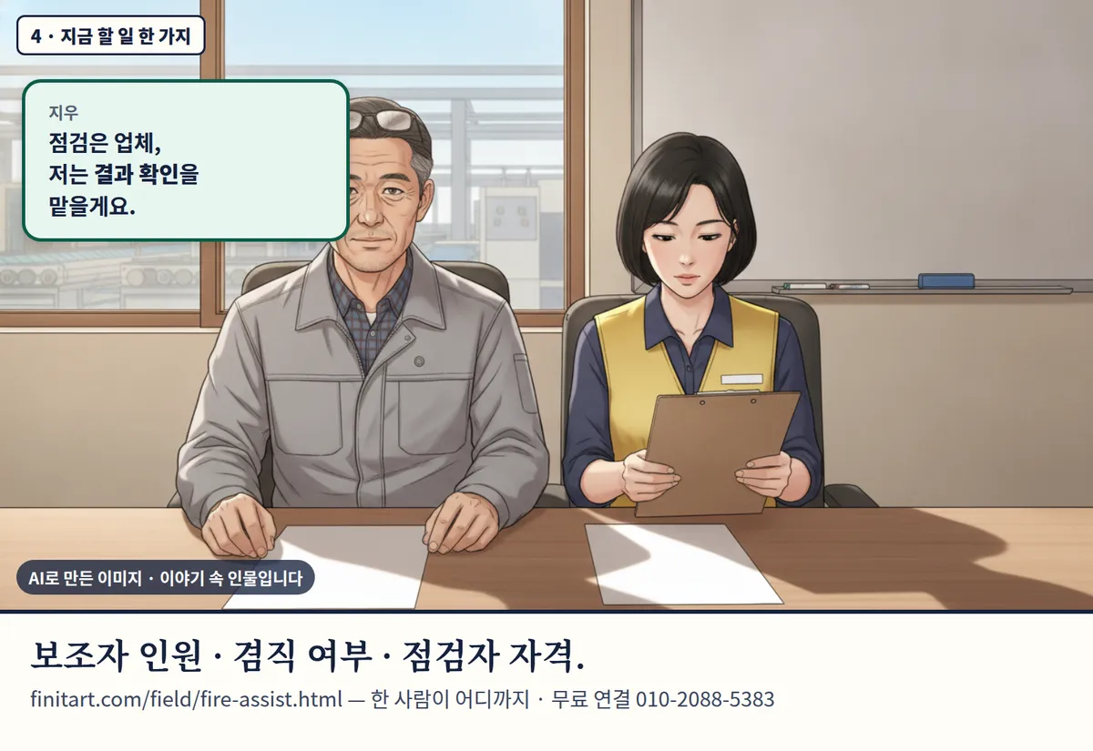 4컷 카툰 4컷(4 · 지금 할 일 한 가지, AI로 만든 이미지, 이야기 속 인물): 지우: 점검은 업체, 저는 결과 확인을 맡을게요. 보조자 인원 · 겸직 여부 · 점검자 자격. finitart.com/field/fire-assist.html — 한 사람이 어디까지 · 무료 연결 010-2088-5383