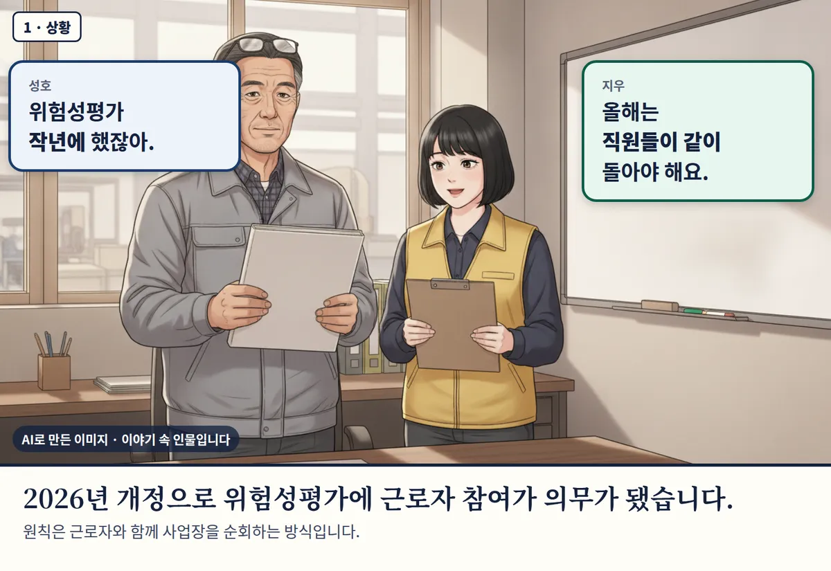 4컷 카툰 1컷(1 · 상황, AI로 만든 이미지, 이야기 속 인물): 성호: 위험성평가 작년에 했잖아. / 지우: 올해는 직원들이 같이 돌아야 해요. 2026년 개정으로 위험성평가에 근로자 참여가 의무가 됐습니다. 원칙은 근로자와 함께 사업장을 순회하는 방식입니다.