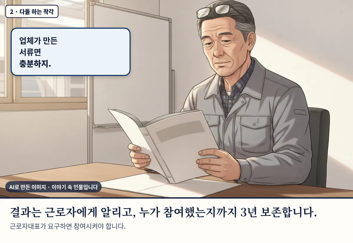 4컷 카툰 2컷(2 · 다들 하는 착각, AI로 만든 이미지, 이야기 속 인물): 업체가 만든 서류면 충분하지. 결과는 근로자에게 알리고, 누가 참여했는지까지 3년 보존합니다. 근로자대표가 요구하면 참여시켜야 합니다.