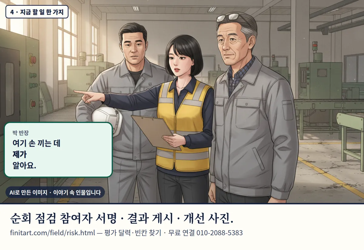 4컷 카툰 4컷(4 · 지금 할 일 한 가지, AI로 만든 이미지, 이야기 속 인물): 박 반장: 여기 손 끼는 데 제가 알아요. 순회 점검 참여자 서명 · 결과 게시 · 개선 사진. finitart.com/field/risk.html — 평가 달력·빈칸 찾기 · 무료 연결 010-2088-5383