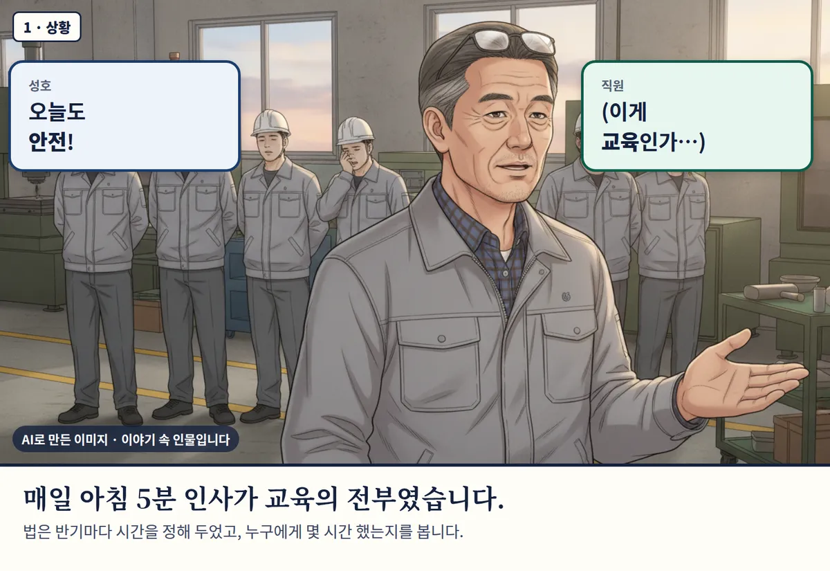 4컷 카툰 1컷(1 · 상황, AI로 만든 이미지, 이야기 속 인물): 성호: 오늘도 안전! / 직원: (이게 교육인가…) 매일 아침 5분 인사가 교육의 전부였습니다. 법은 반기마다 시간을 정해 두었고, 누구에게 몇 시간 했는지를 봅니다.