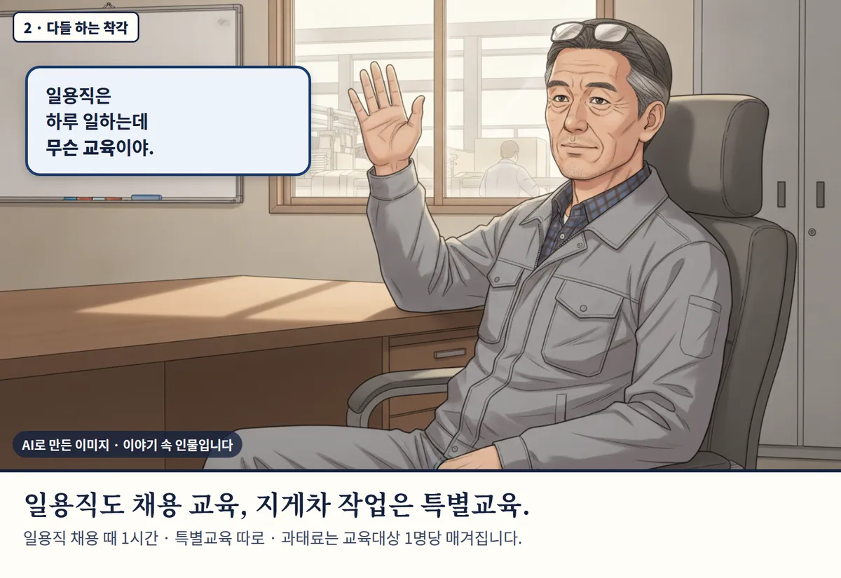 4컷 카툰 2컷(2 · 다들 하는 착각, AI로 만든 이미지, 이야기 속 인물): 일용직은 하루 일하는데 무슨 교육이야. 일용직도 채용 교육, 지게차 작업은 특별교육. 일용직 채용 때 1시간 · 특별교육 따로 · 과태료는 교육대상 1명당 매겨집니다.