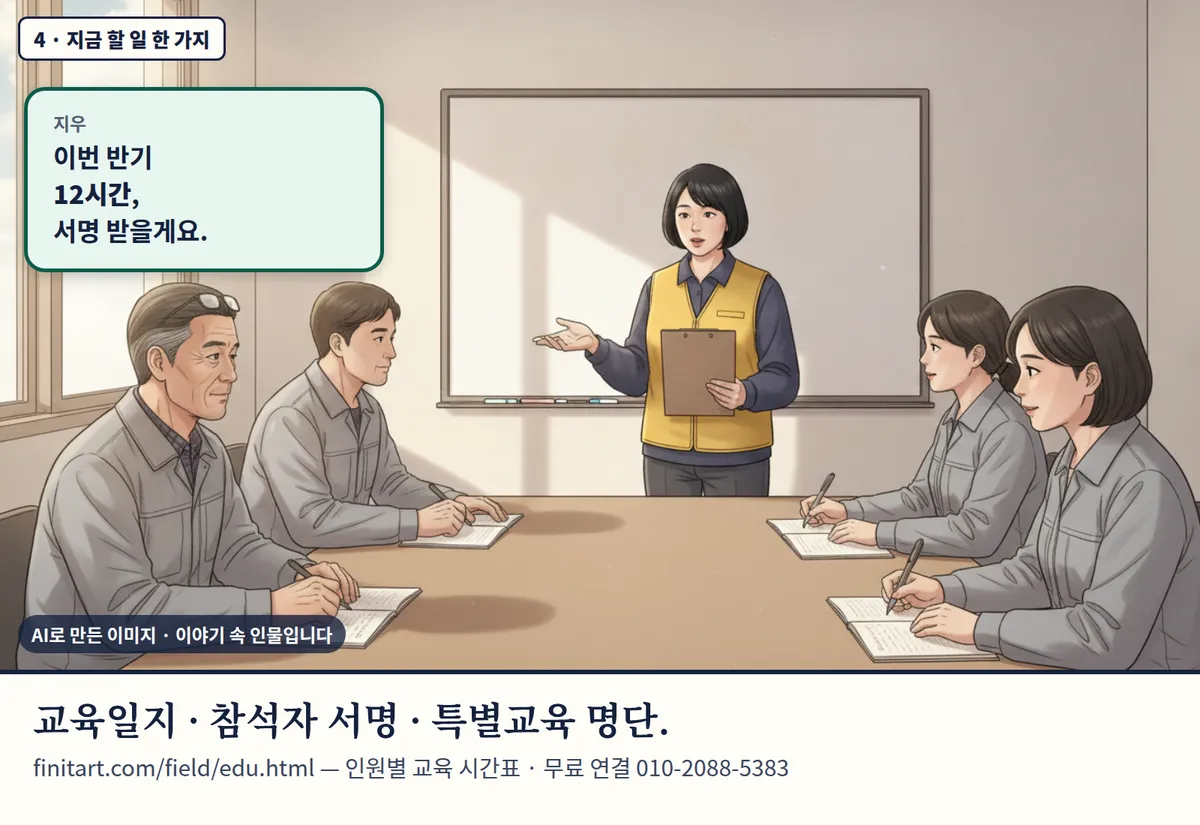 4컷 카툰 4컷(4 · 지금 할 일 한 가지, AI로 만든 이미지, 이야기 속 인물): 지우: 이번 반기 12시간, 서명 받을게요. 교육일지 · 참석자 서명 · 특별교육 명단. finitart.com/field/edu.html — 인원별 교육 시간표 · 무료 연결 010-2088-5383