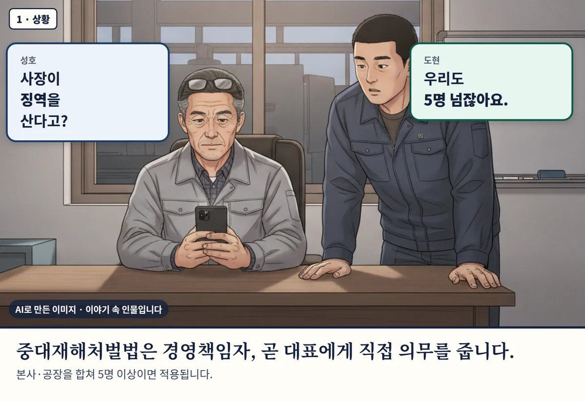 4컷 카툰 1컷(1 · 상황, AI로 만든 이미지, 이야기 속 인물): 성호: 사장이 징역을 산다고? / 도현: 우리도 5명 넘잖아요. 중대재해처벌법은 경영책임자, 곧 대표에게 직접 의무를 줍니다. 본사·공장을 합쳐 5명 이상이면 적용됩니다.