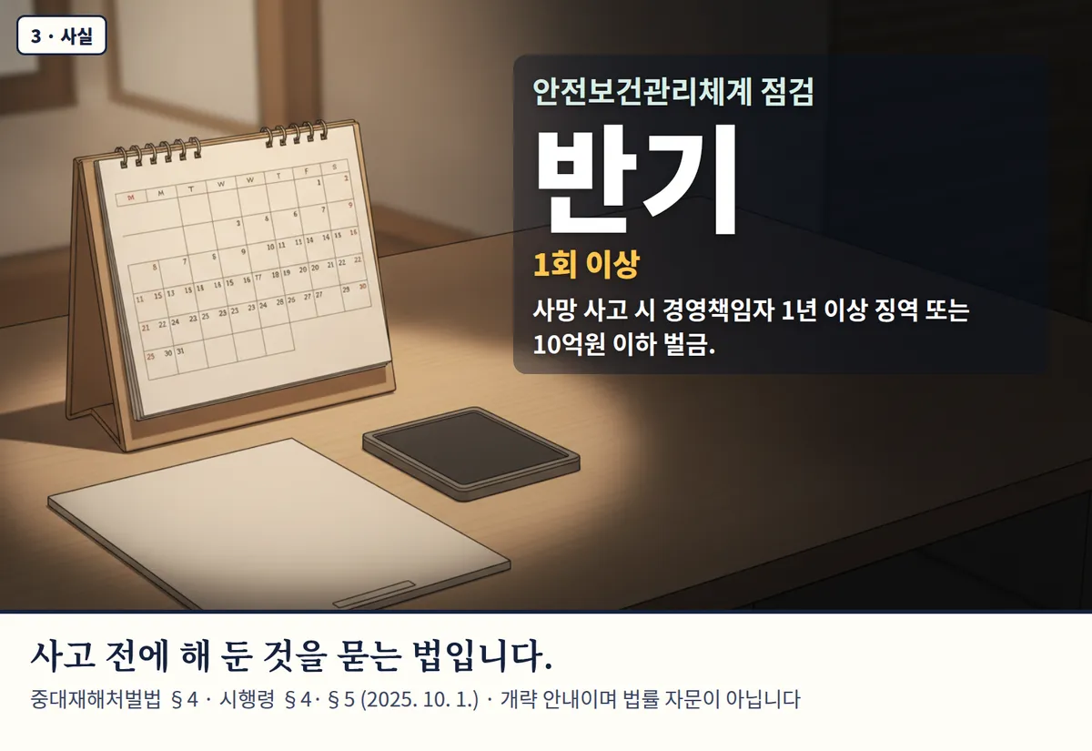 4컷 카툰 3컷(3 · 사실, AI로 만든 이미지, 이야기 속 인물): 안전보건관리체계 점검 반기 — 1회 이상. 사망 사고 시 경영책임자 1년 이상 징역 또는 10억원 이하 벌금. 사고 전에 해 둔 것을 묻는 법입니다. 중대재해처벌법 §4 · 시행령 §4·§5 (2025. 10. 1.) · 개략 안내이며 법률 자문이 아닙니다