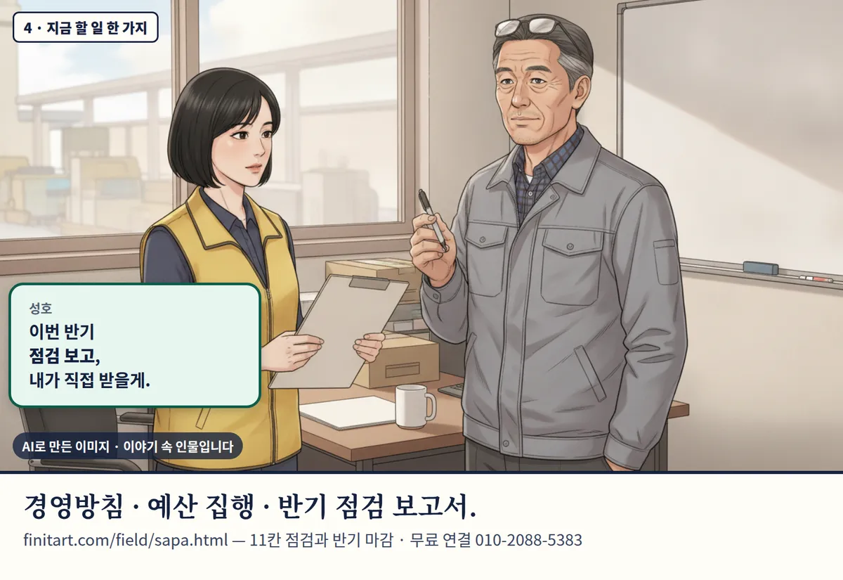 4컷 카툰 4컷(4 · 지금 할 일 한 가지, AI로 만든 이미지, 이야기 속 인물): 성호: 이번 반기 점검 보고, 내가 직접 받을게. 경영방침 · 예산 집행 · 반기 점검 보고서. finitart.com/field/sapa.html — 11칸 점검과 반기 마감 · 무료 연결 010-2088-5383