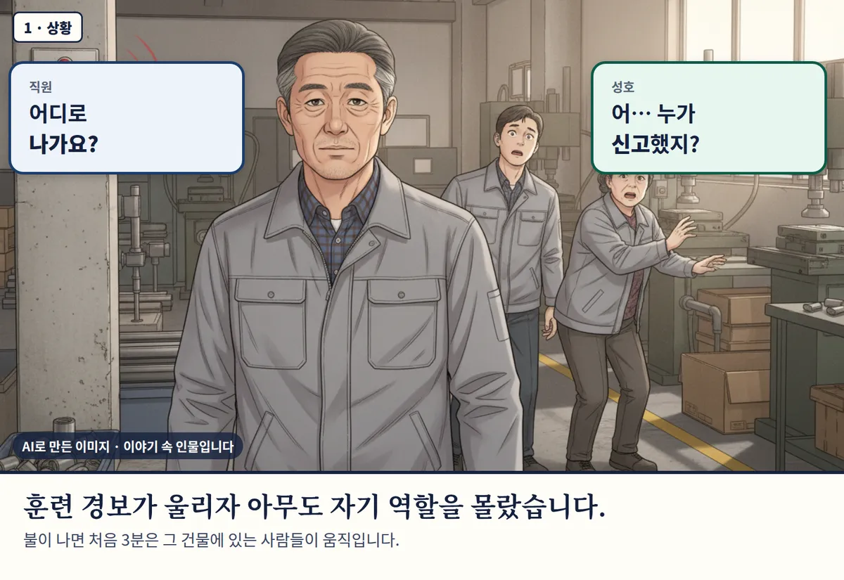 4컷 카툰 1컷(1 · 상황, AI로 만든 이미지, 이야기 속 인물): 직원: 어디로 나가요? / 성호: 어… 누가 신고했지? 훈련 경보가 울리자 아무도 자기 역할을 몰랐습니다. 불이 나면 처음 3분은 그 건물에 있는 사람들이 움직입니다.