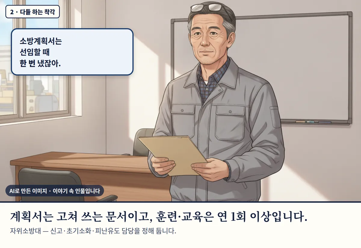 4컷 카툰 2컷(2 · 다들 하는 착각, AI로 만든 이미지, 이야기 속 인물): 소방계획서는 선임할 때 한 번 냈잖아. 계획서는 고쳐 쓰는 문서이고, 훈련·교육은 연 1회 이상입니다. 자위소방대 — 신고·초기소화·피난유도 담당을 정해 둡니다.