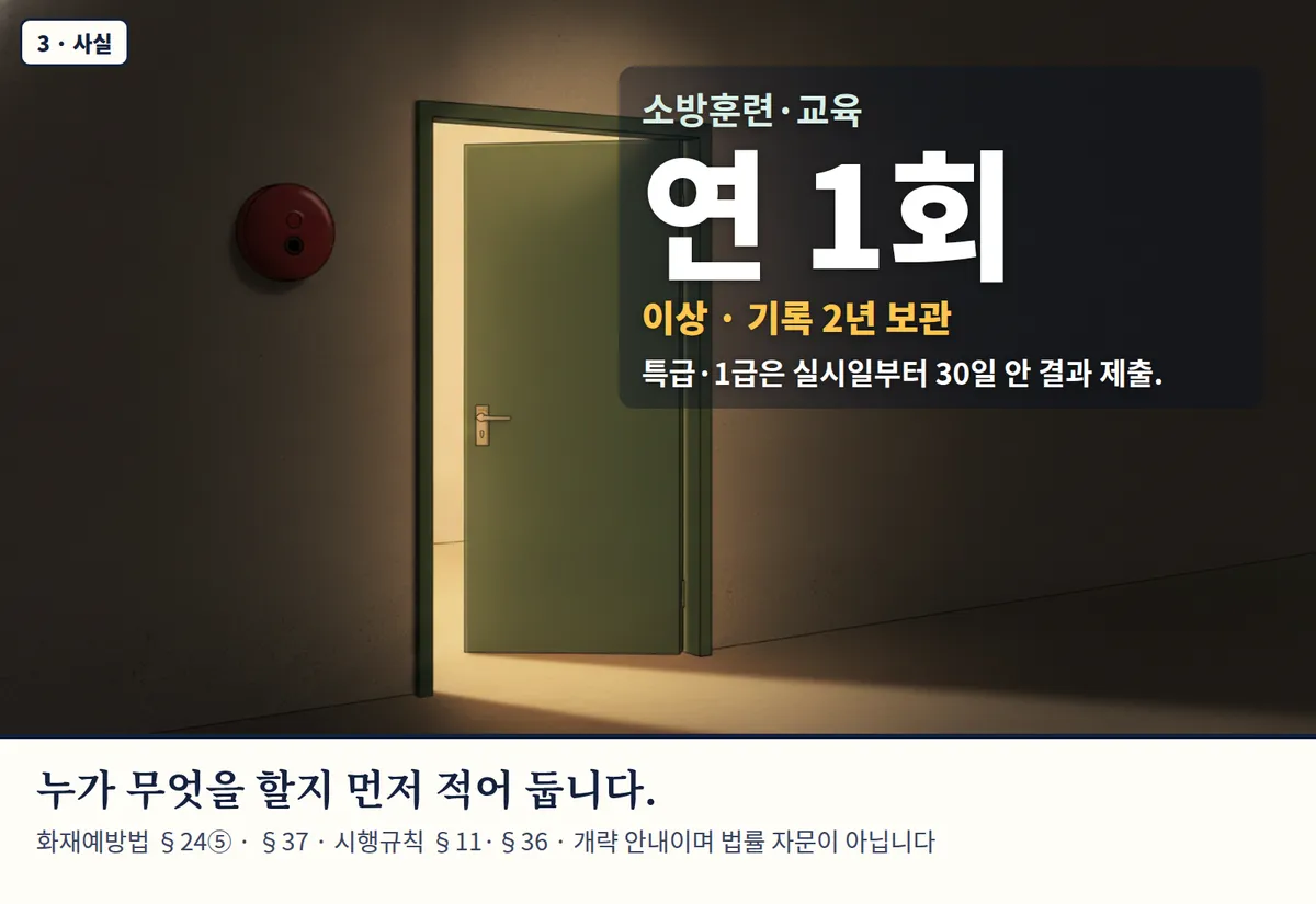 4컷 카툰 3컷(3 · 사실, AI로 만든 이미지, 이야기 속 인물): 소방훈련·교육 연 1회 — 이상 · 기록 2년 보관. 특급·1급은 실시일부터 30일 안 결과 제출. 누가 무엇을 할지 먼저 적어 둡니다. 화재예방법 §24⑤ · §37 · 시행규칙 §11·§36 · 개략 안내이며 법률 자문이 아닙니다