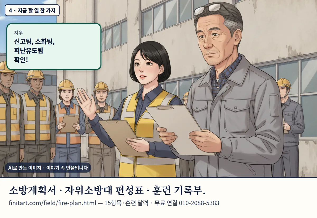 4컷 카툰 4컷(4 · 지금 할 일 한 가지, AI로 만든 이미지, 이야기 속 인물): 지우: 신고팀, 소화팀, 피난유도팀 확인! 소방계획서 · 자위소방대 편성표 · 훈련 기록부. finitart.com/field/fire-plan.html — 15항목·훈련 달력 · 무료 연결 010-2088-5383