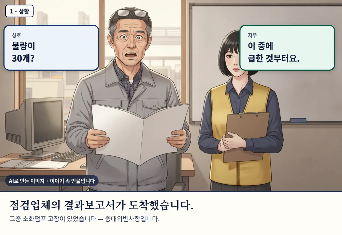4컷 카툰 1컷(1 · 상황, AI로 만든 이미지, 이야기 속 인물): 성호: 불량이 30개? / 지우: 이 중에 급한 것부터요. 점검업체의 결과보고서가 도착했습니다. 그중 소화펌프 고장이 있었습니다 — 중대위반사항입니다.