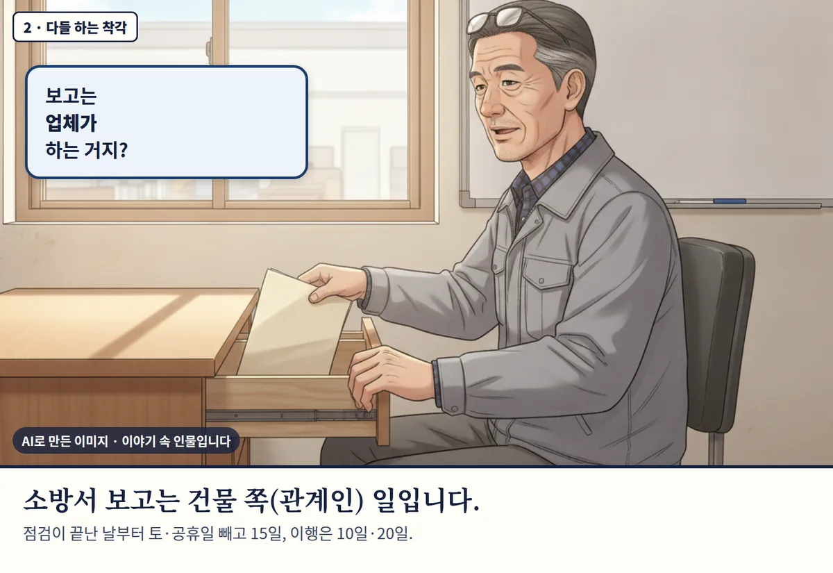 4컷 카툰 2컷(2 · 다들 하는 착각, AI로 만든 이미지, 이야기 속 인물): 보고는 업체가 하는 거지? 소방서 보고는 건물 쪽(관계인) 일입니다. 점검이 끝난 날부터 토·공휴일 빼고 15일, 이행은 10일·20일.