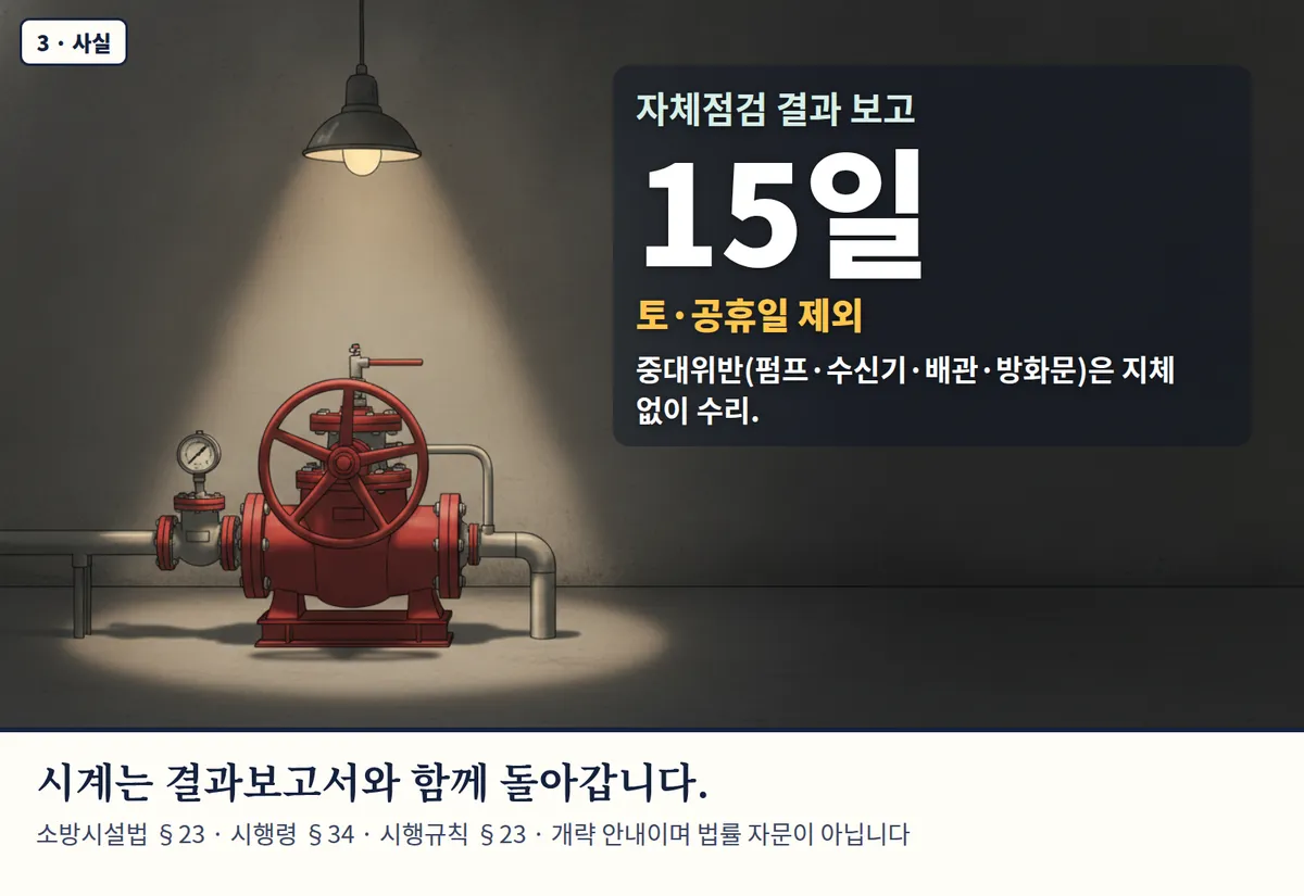 4컷 카툰 3컷(3 · 사실, AI로 만든 이미지, 이야기 속 인물): 자체점검 결과 보고 15일 — 토·공휴일 제외. 중대위반(펌프·수신기·배관·방화문)은 지체 없이 수리. 시계는 결과보고서와 함께 돌아갑니다. 소방시설법 §23 · 시행령 §34 · 시행규칙 §23 · 개략 안내이며 법률 자문이 아닙니다