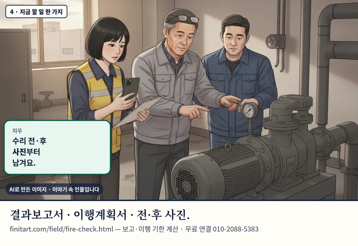 4컷 카툰 4컷(4 · 지금 할 일 한 가지, AI로 만든 이미지, 이야기 속 인물): 지우: 수리 전·후 사진부터 남겨요. 결과보고서 · 이행계획서 · 전·후 사진. finitart.com/field/fire-check.html — 보고·이행 기한 계산 · 무료 연결 010-2088-5383