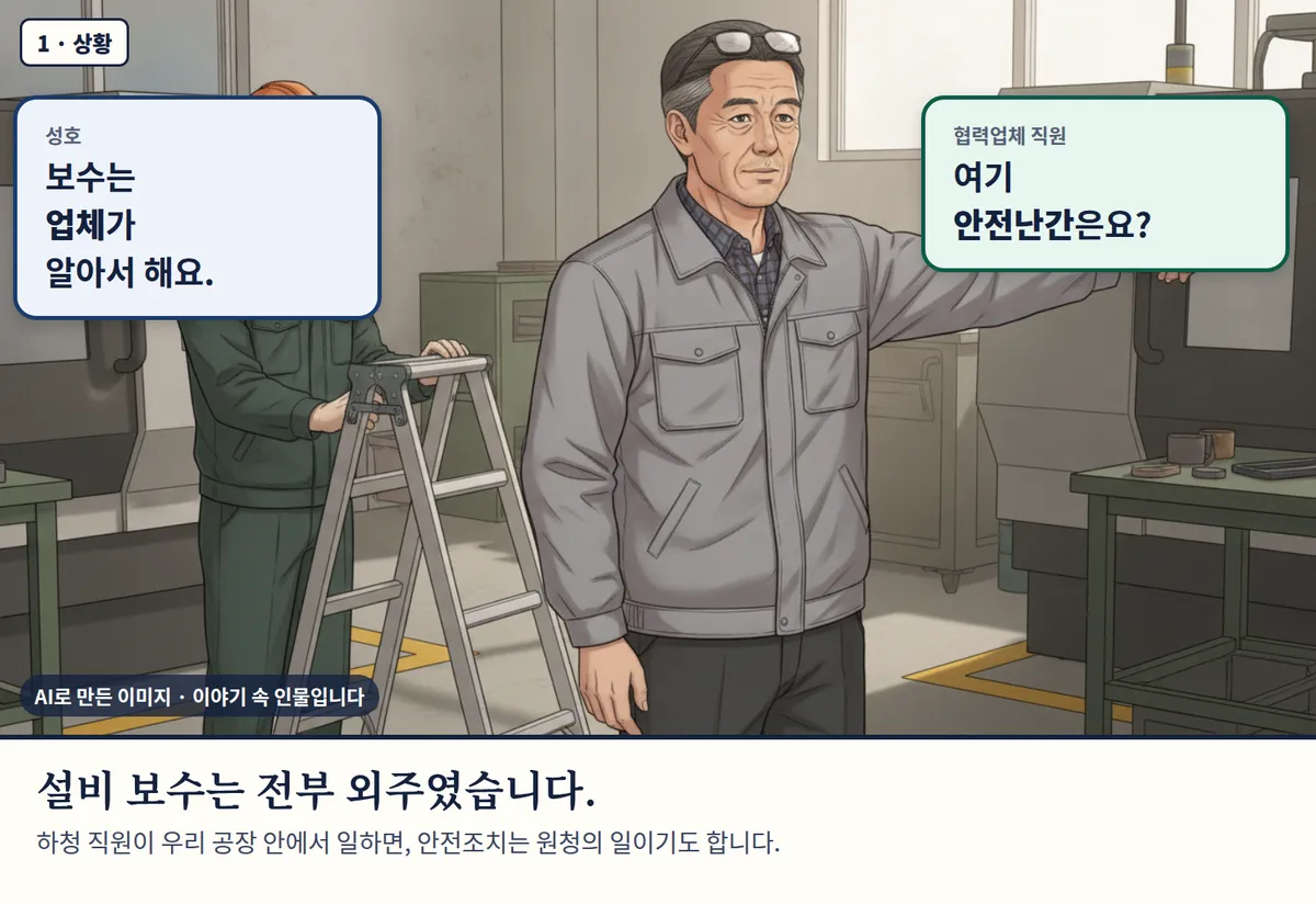 4컷 카툰 1컷(1 · 상황, AI로 만든 이미지, 이야기 속 인물): 성호: 보수는 업체가 알아서 해요. / 협력업체 직원: 여기 안전난간은요? 설비 보수는 전부 외주였습니다. 하청 직원이 우리 공장 안에서 일하면, 안전조치는 원청의 일이기도 합니다.