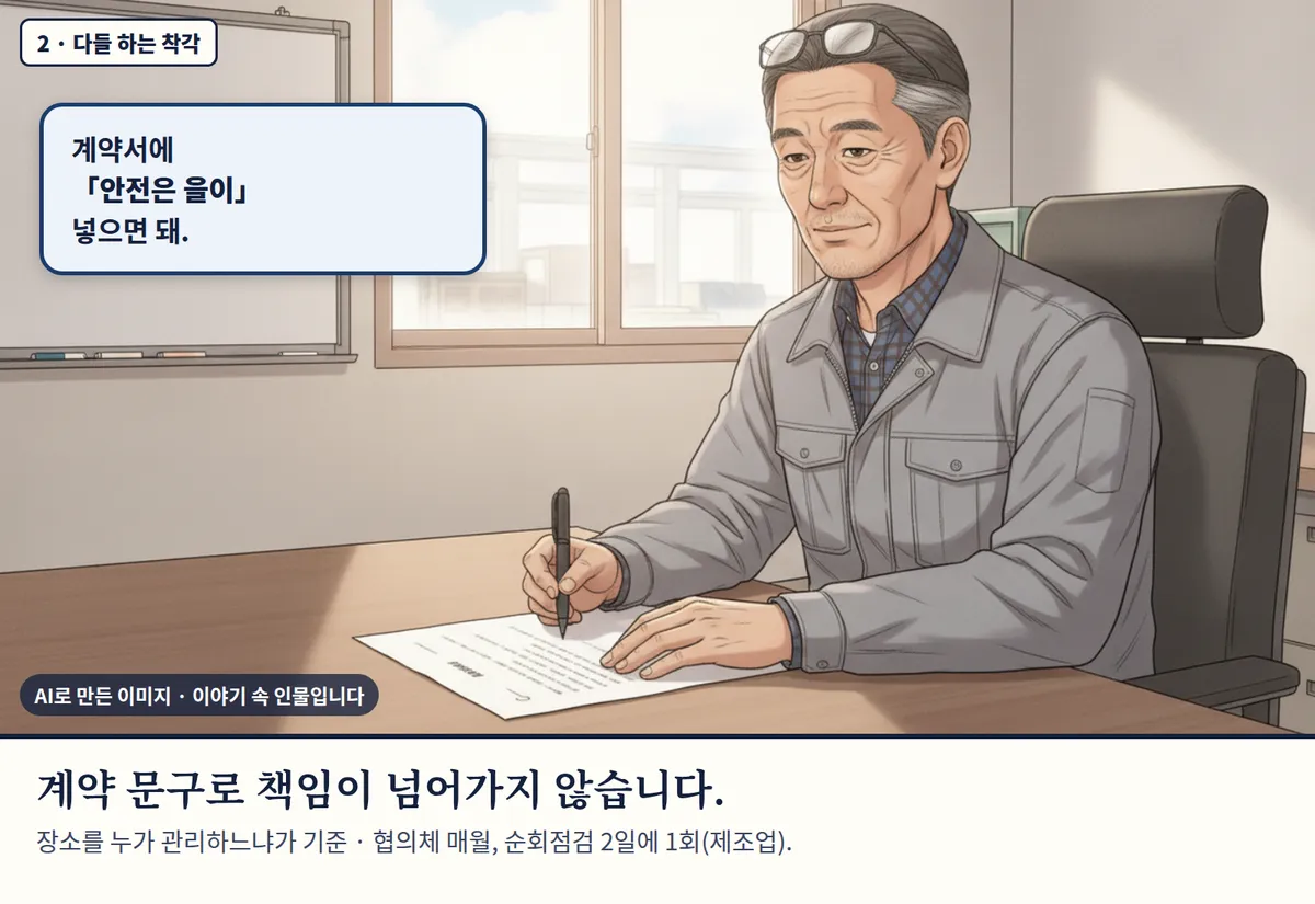 4컷 카툰 2컷(2 · 다들 하는 착각, AI로 만든 이미지, 이야기 속 인물): 계약서에 「안전은 을이」 넣으면 돼. 계약 문구로 책임이 넘어가지 않습니다. 장소를 누가 관리하느냐가 기준 · 협의체 매월, 순회점검 2일에 1회(제조업).