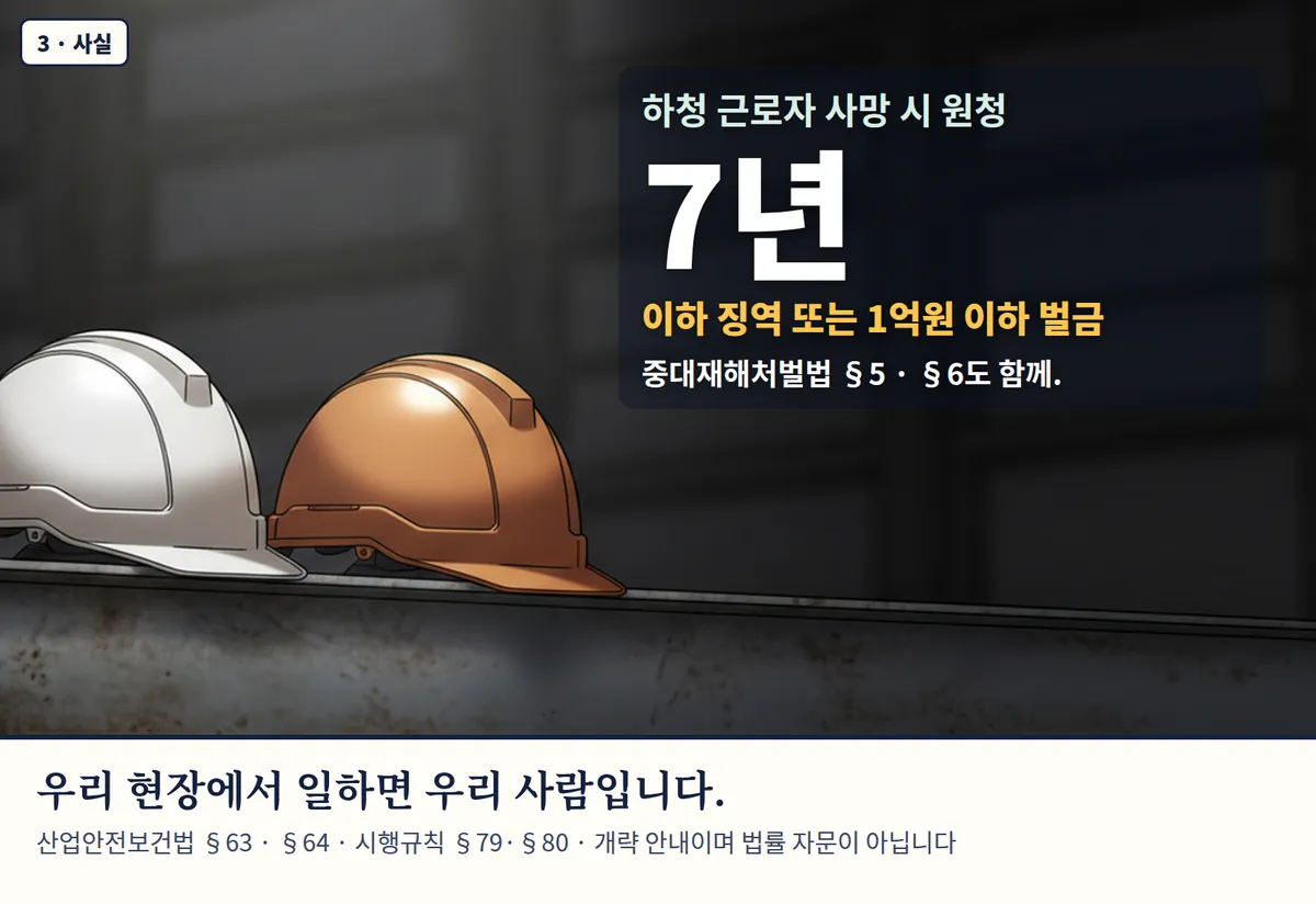 4컷 카툰 3컷(3 · 사실, AI로 만든 이미지, 이야기 속 인물): 하청 근로자 사망 시 원청 7년 — 이하 징역 또는 1억원 이하 벌금. 중대재해처벌법 §5 · §6도 함께. 우리 현장에서 일하면 우리 사람입니다. 산업안전보건법 §63 · §64 · 시행규칙 §79·§80 · 개략 안내이며 법률 자문이 아닙니다