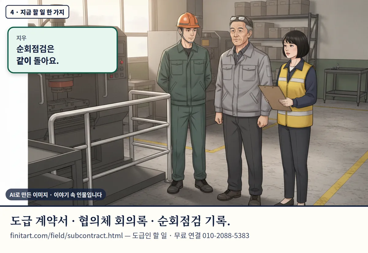 4컷 카툰 4컷(4 · 지금 할 일 한 가지, AI로 만든 이미지, 이야기 속 인물): 지우: 순회점검은 같이 돌아요. 도급 계약서 · 협의체 회의록 · 순회점검 기록. finitart.com/field/subcontract.html — 도급인 할 일 · 무료 연결 010-2088-5383